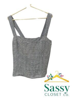 ✨ QUINCE European Flax Linen Smocked Tank Top L Gingham Black White EUC 🖤